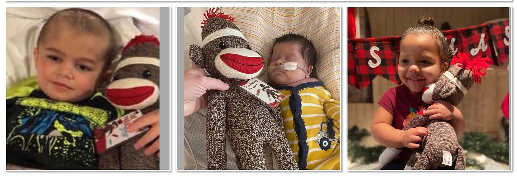 Three children smiling with their Mooky sock monkeys